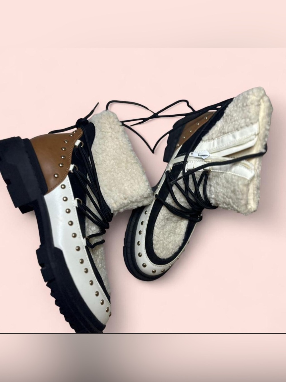 Princess Polly Cream Sherpa Lace-Up Combat Boots with Black & Brown Accents